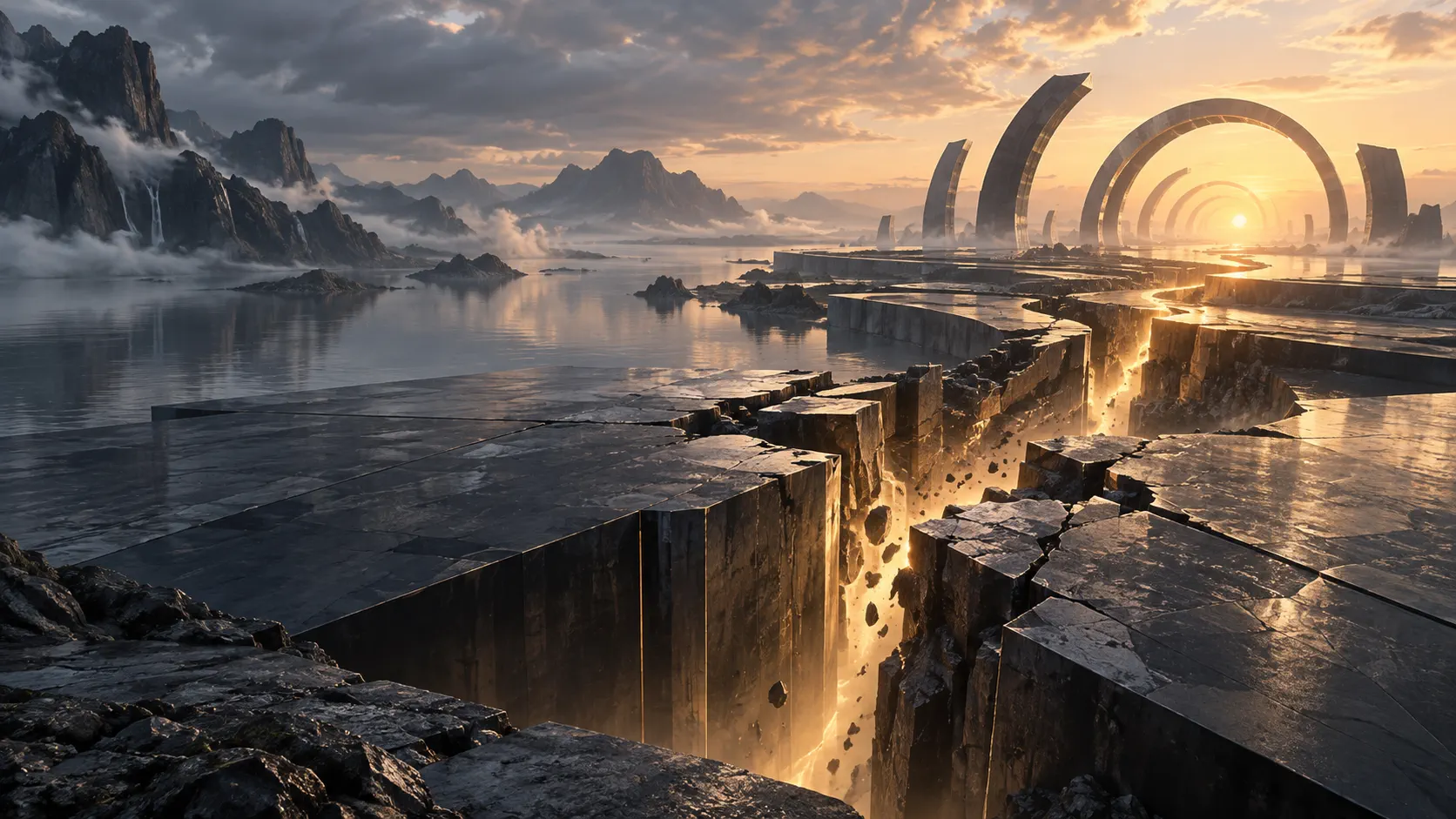 Una gran plataforma fracturada frente a un horizonte futurista