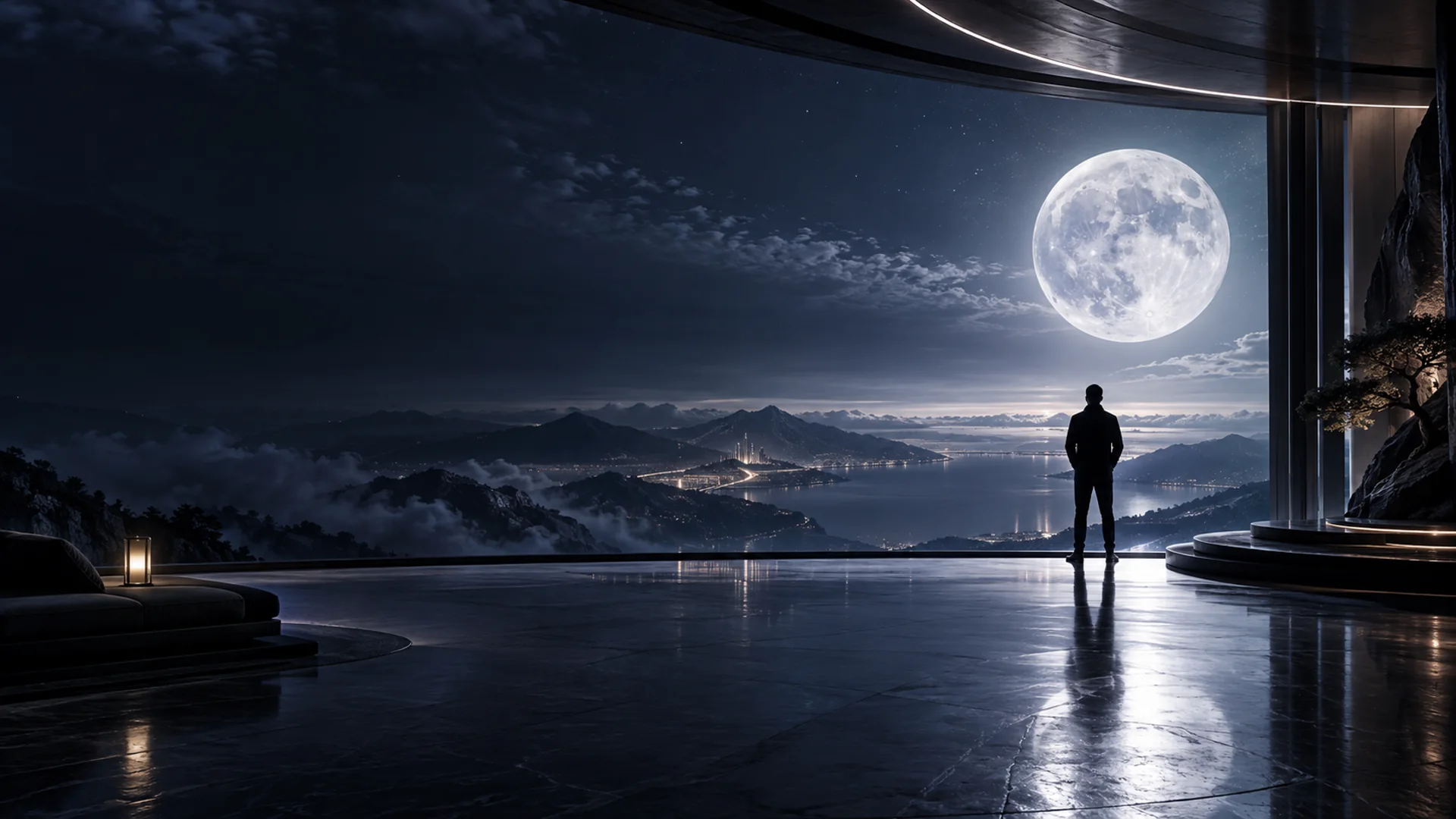 Observatorio futurista abierto a un paisaje de montaña bajo una gran luna llena