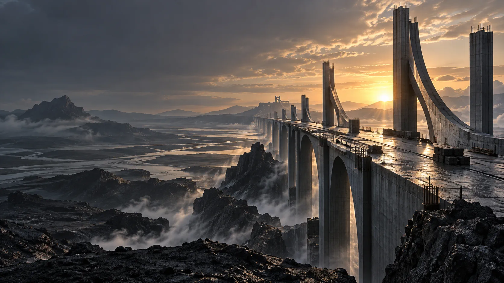 Arquitectura monumental en construcción sobre un paisaje de montaña