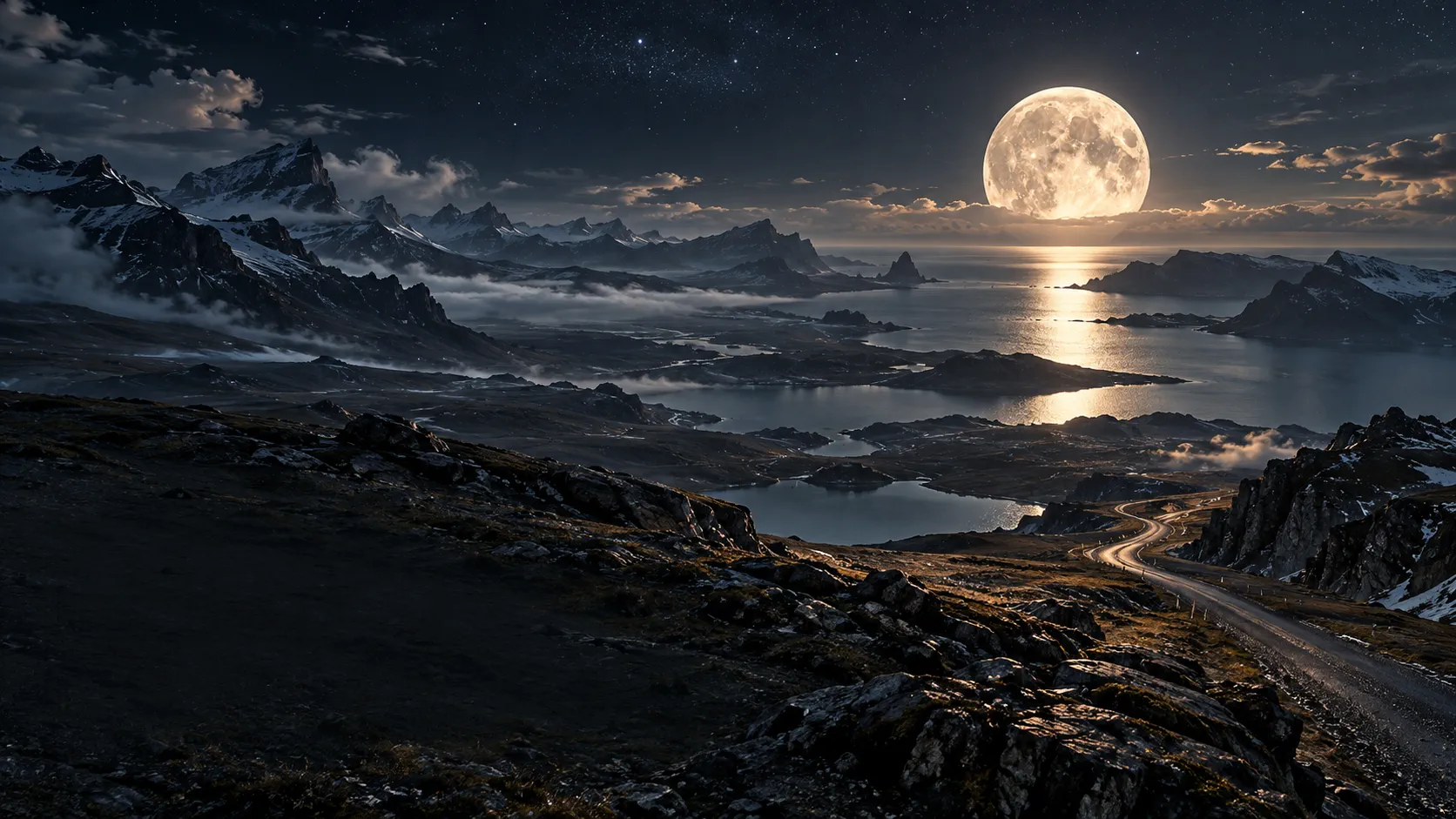 Una carretera atraviesa un paisaje de montaña bajo una gran luna llena