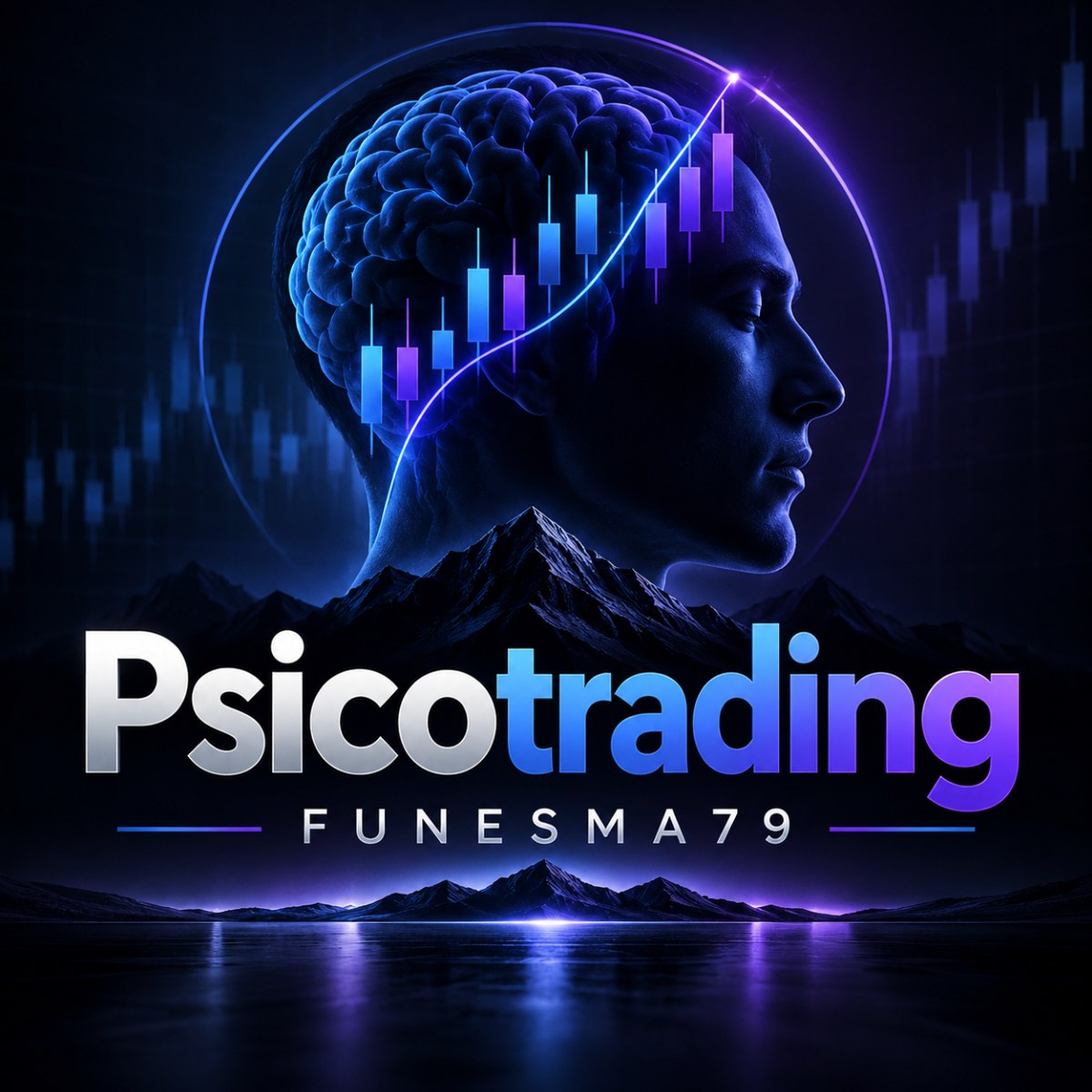 Portada de Psicotrading FUNESMA79: perfil humano con un cerebro iluminado, velas de mercado y montañas en tonos azul y violeta