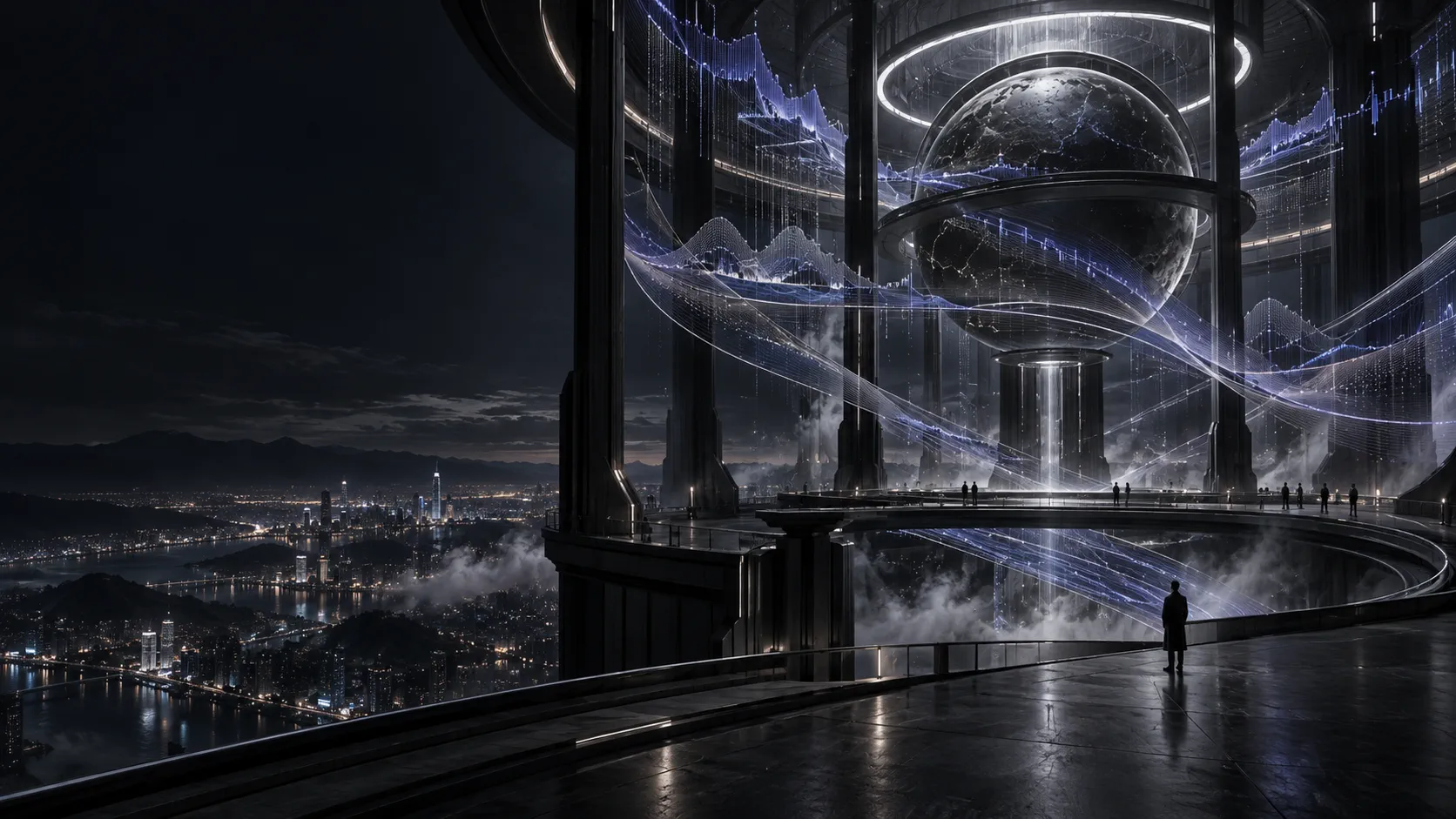 Observatorio futurista sobre una ciudad nocturna con un campo de datos espaciales