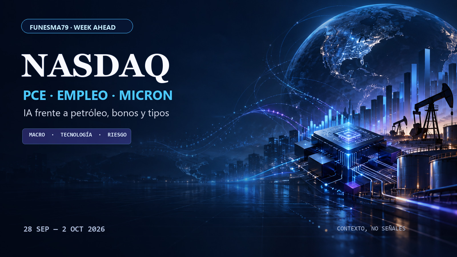 Portada editorial del Week Ahead de FUNESMA79: Nasdaq, PCE, empleo y Micron del 28 de septiembre al 2 de octubre de 2026.
